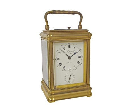 Good repeater carriage clock with alarm and striking on a gong, with strike/silent lever to the base, the movement back plate