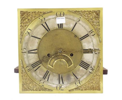 Eight day longcase clock movement, the 12" square brass dial signed Mordan, Nottingham on the silvered brass chapter ring enc