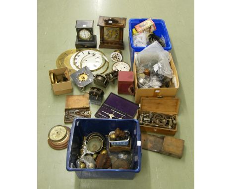 Quantity of various clocks in need of repair; also a quantity of various clock parts including large mainsprings, bells and o
