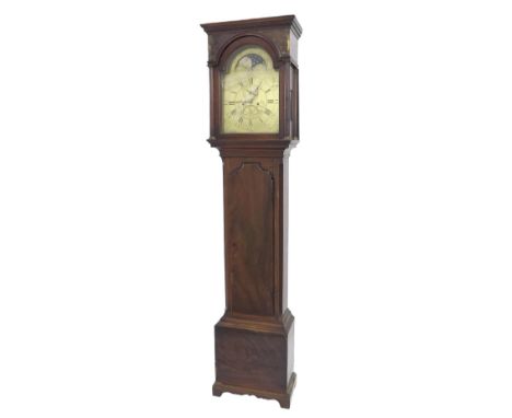 Mahogany eight day longcase clock, the 13" engraved brass arched dial signed George Thorne, Cornbury, with subsidiary seconds