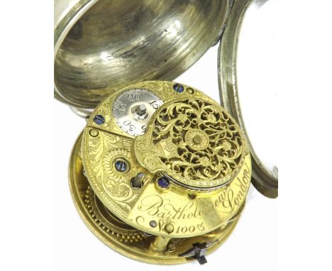 Early 19th century English fusee verge nickel cased pocket watch, signed Bartholomen, London, no. 1003, with pierced engraved