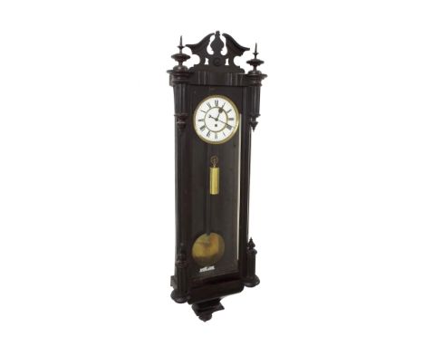 Ebonised single weight Vienna regulator wall clock, the 6.25" white dial within a glazed and turned pillared case, 45" high (