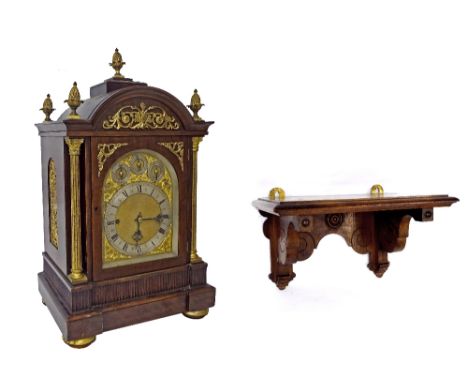 Good English triple fusee boardroom table clock and wall bracket, the substantial movement playing on a nest of eight bells, 