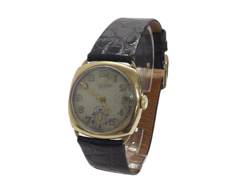 Cushion cased 9ct gentleman's wristwatch, Birmingham 1930, silvered dial with applied Arabic numerals and subsidiary seconds 