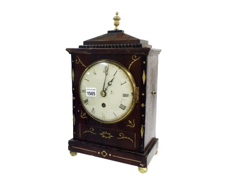 Mahogany and brass inlaid single fusee bracket clock in need of restoration, the 6" convex dial within a stepped inlaid case 