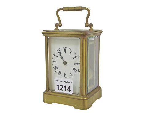 Carriage clock striking on a gong, within a corniche brass case, 6" high