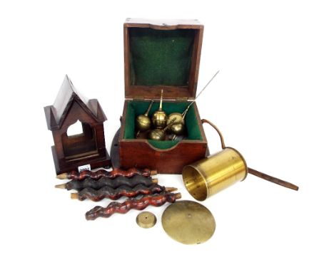 Small rosewood Gothic style bracket clock case, 9.5" high; together with a ship's chronometer outer case, a cylinder clock mo