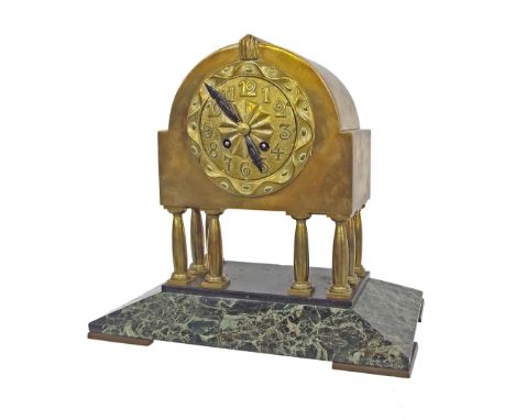 Arts & Crafts green marble two train mantel clock, the Lenzkirch movement striking on a bell, the 5" repousse dial within an 