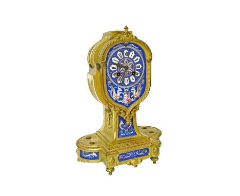 French ormolu and porcelain mounted two train mantel clock, the Japy Freres movement striking on a bell (missing), the shaped