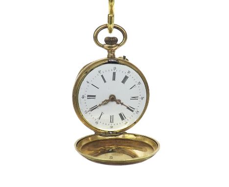Attractive 14k gold and enamel cylinder hunter fob watch, gilt frosted bar movement, the dial with Roman numerals, outer Arab