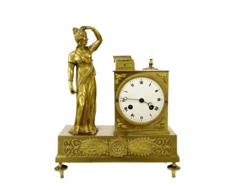 French ormolu two train figural mantel clock, the movement with outside countwheel striking on a bell, the 3.25" white dial i