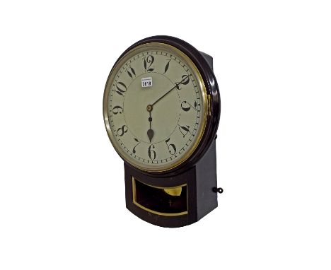 Ebonised single fusee 12" drop dial wall clock, within a turned surround (pendulum)