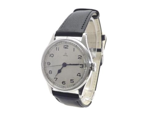Omega stainless steel gentleman's wristwatch, circa 1939, silvered dial with Arabic numerals, steel hands and centre seconds,