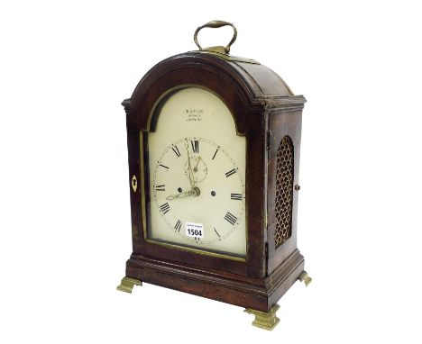 English mahogany double fusee bracket clock in need of restoration, the movement striking on a bell, the 7" painted arched di