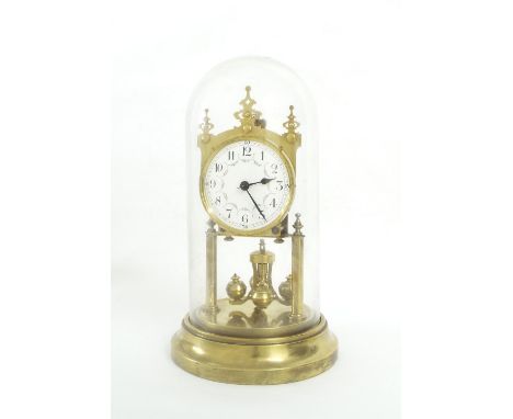 Gustav Becker brass torsion mantel clock, the 3.75" white painted dial supported upon two cylindrical pillars and circular sp