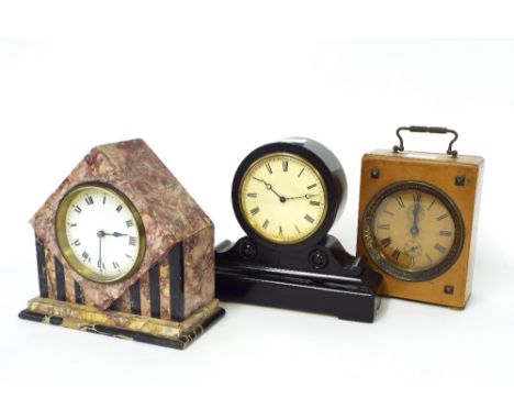 Small Art Deco style coloured marble mantel timepiece, 7" high; also an ebonised drumhead mantel timepiece and a light wooden