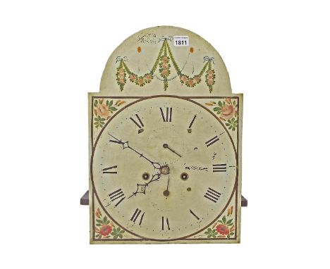 Eight day longcase clock movement, the 13" painted arched dial with subsidiary seconds and calendar dials