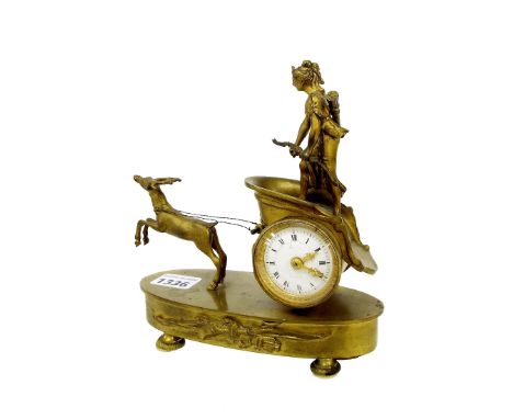 Small French ormolu mantel timepiece clock with later platform escapement, the 1.75" white dial and movement within a cylindr