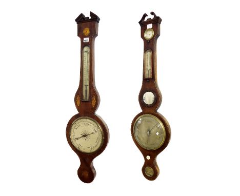 Early mahogany inlaid banjo barometer/thermometer and a later mahogany five glass banjo barometer, both in need of restoratio