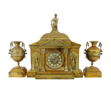 Brass two train mantel clock garniture, the Mougin movement striking on a gong, the 4.25" cream dial within an ornate pillare