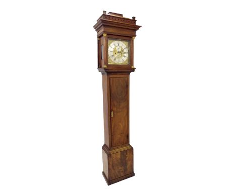 Mahogany eight day longcase clock, the 12" square brass dial signed Charles Merry, London on the silvered chapter ring enclos