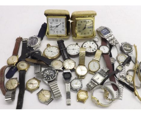 Tub of assorted wristwatches principally for repair, silver cushion cased wristwatch, two silver pocket watches, Smiths pocke