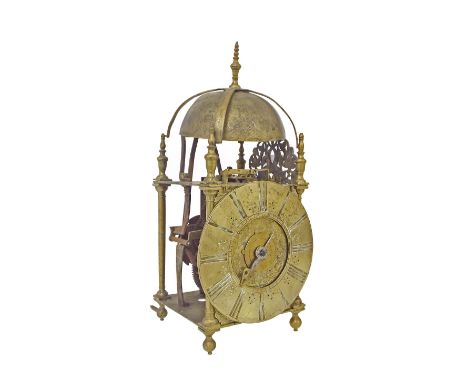 Interesting English brass verge hook and spike wing lantern clock in need of restoration, the 6.5" dial signed David Lestourg