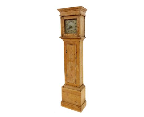 Pine thirty hour longcase clock, the 10" square brass dial signed John Reynolds on the brass chapter ring enclosing a matted 