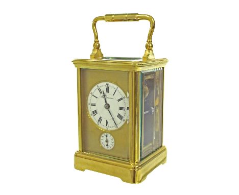 French carriage clock with alarm striking on a bell, the back plate and 1.75" white dial both signed Paul Garnier, over a sub