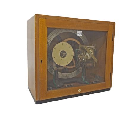 Interesting Pul-Syn-Etic Impulse clock time switch, within a light wooden glazed case, 16" high