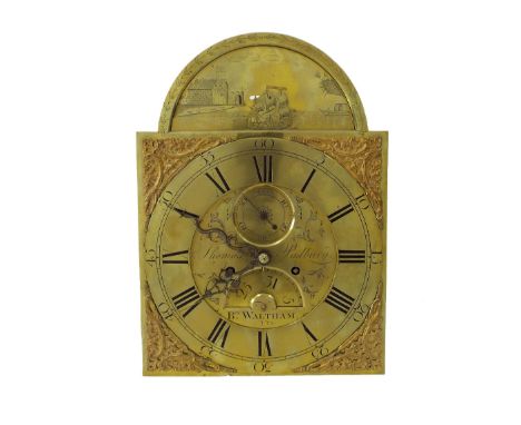 Eight day longcase clock movement, the 12" brass arched dial signed Thomas Padbury, BPS Waltham to the engraved centre with s