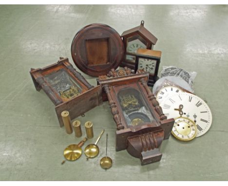 Two Vienna style two train wall clocks; also two small American shelf clocks (all in need of restoration); also the housing a