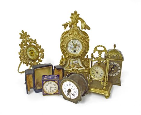 Small brass and porcelain rococo style balloon shaped mantel clock timepiece, 10" high; together with five various small cloc