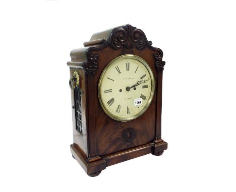 English mahogany double fusee bracket clock striking on a bell, the 8" circular dial signed M.H. Harris, Penzance, within a s