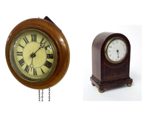 Small mahogany 6" postman's alarm dial clock (two weights, pendulum): together with a small mahogany mantel clock timepiece, 