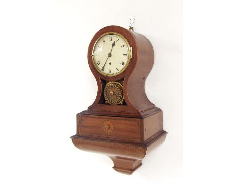Interesting and unusual mahogany single fusee wall clock and integral bracket, the 6" cream convex dial within a balloon shap