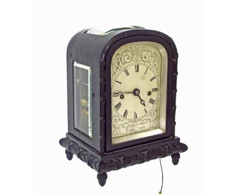 Good English small ebonised double fusee bracket clock striking on a gong and with pull repeat, the movement back plate and f