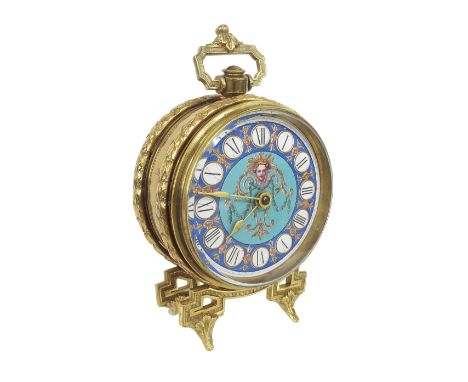 French brass and enamel drumhead boudoir timepiece with platform escapement, the 3.25" painted enamel dial within a drumhead 