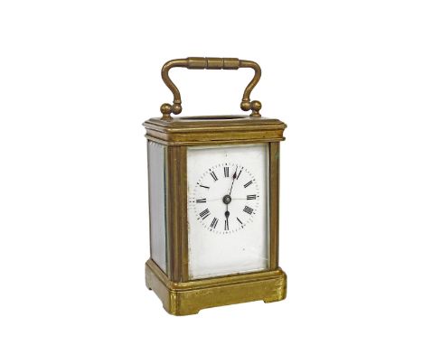 Miniature carriage clock timepiece, the movement back plate bearing the Richard & Company trademark logo, within a corniche b