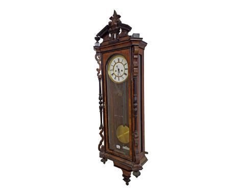 Walnut and ebonised Lenzkirch double weight Vienna regulator wall clock,  the 7" circular dial within a long glazed pillared 