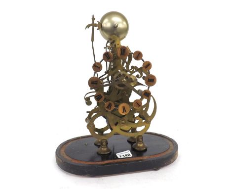 Brass single fusee skeleton clock with passing strike, upon a wooden base (lacks dome), 14" high overall (pendulum)