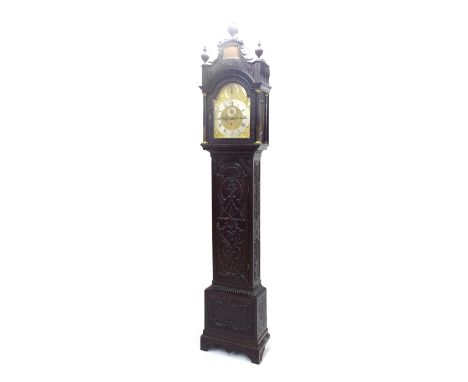 Fine mahogany three train musical longcase clock, the 12" brass arched dial with strike/silent subsidiary dial to the arch ov