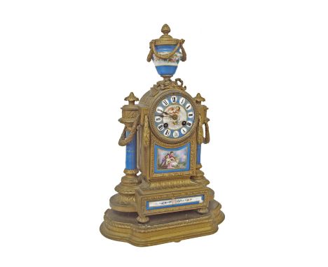 French gilt metal and porcelain mounted two train mantel clock striking on a bell, the 3.25" blue celeste gilded chapter ring