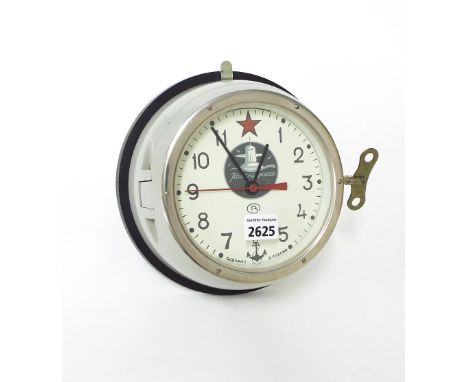 Russian bulkhead wall clock, the 5.5" cream dial with centre seconds, within a light grey metal case (key)