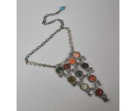 An Eastern Low Grade White Metal Necklace with Chain Link Apron Style Pendant having Various Agates and Semiprecious Stone Ci