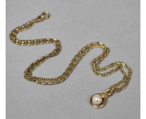 A 9ct Gold and Pearl Pendant Surmounted by Diamond Chip, on a 9ct Gold Chain. Pendant Drop 16mm. 4.1gms 