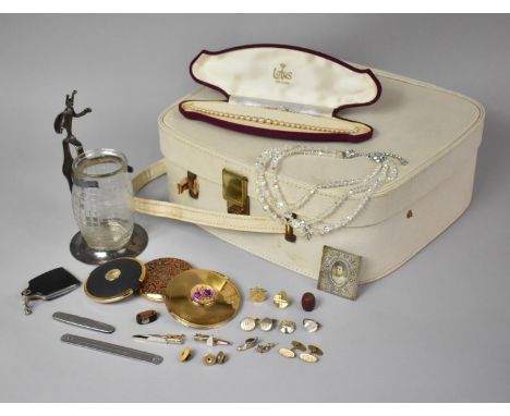 A Vintage Over-Night Case Containing Powder Compacts, Cufflinks, Costume Jewellery, New Zealand Imperial Bee Honey Jar Etc 