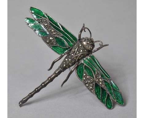 A Large Silver, Green Enamel and Marcasite Brooch in the Form of a Dragonfly. 8.5cms Wide 