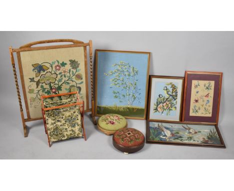 An Embroidered Barley Twist Firescreen, Two Circular Tapestry Topped Footstools and a Wool Bag Together with Various Tapestri