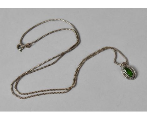 An Edwardian Silver and Green Paste Stone Necklace, on a Silver Box Link Chain, Pendant 14mm Long 